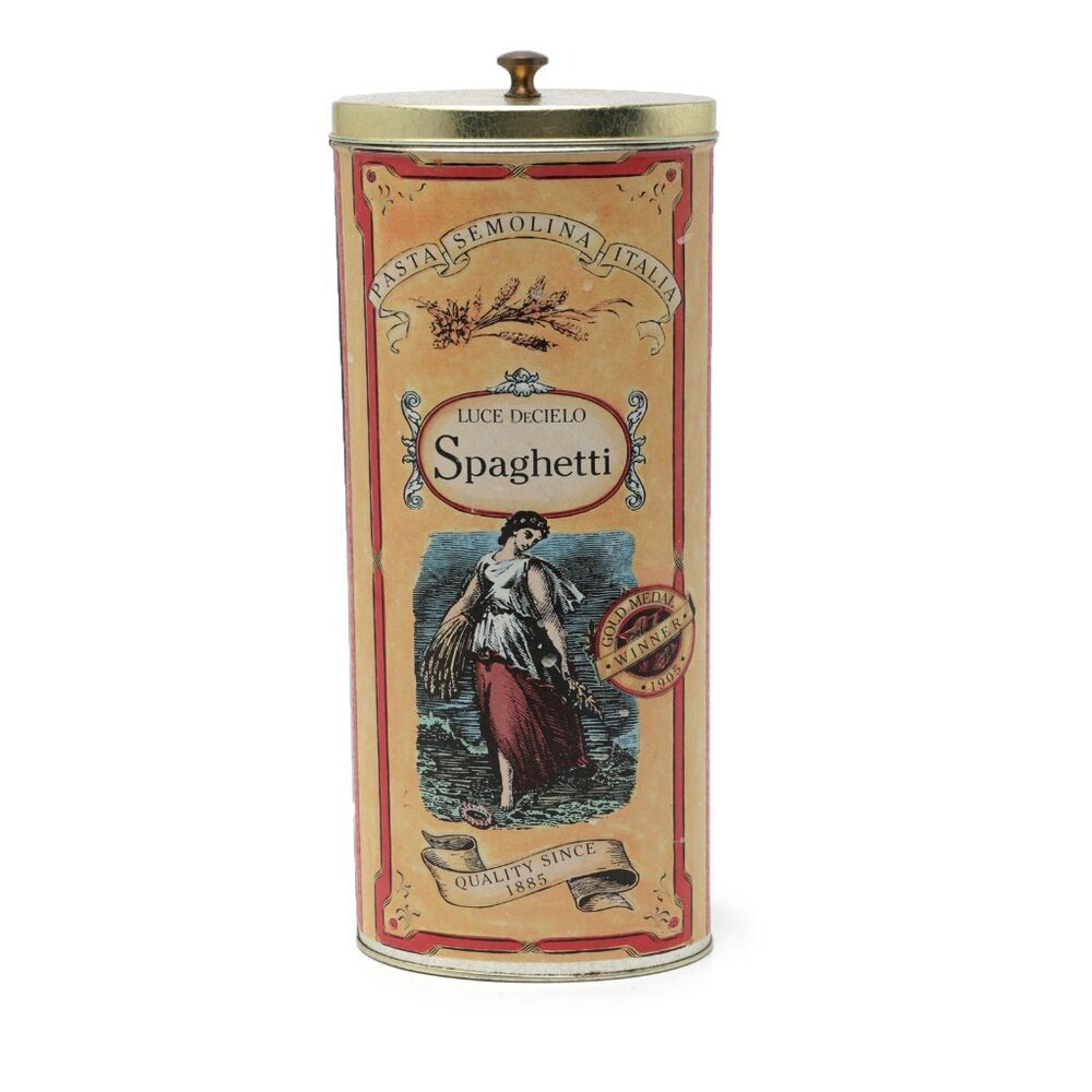 Vintage Luce DeCielo Spaghetti Tin Pasta Company 1980s Retro Metal Gold Yellow